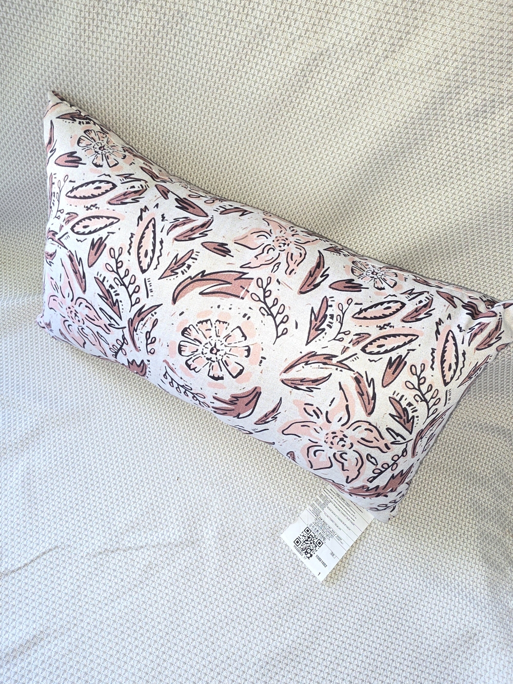 Pink & White Floral Lumbar Pillow with Leaf Motif